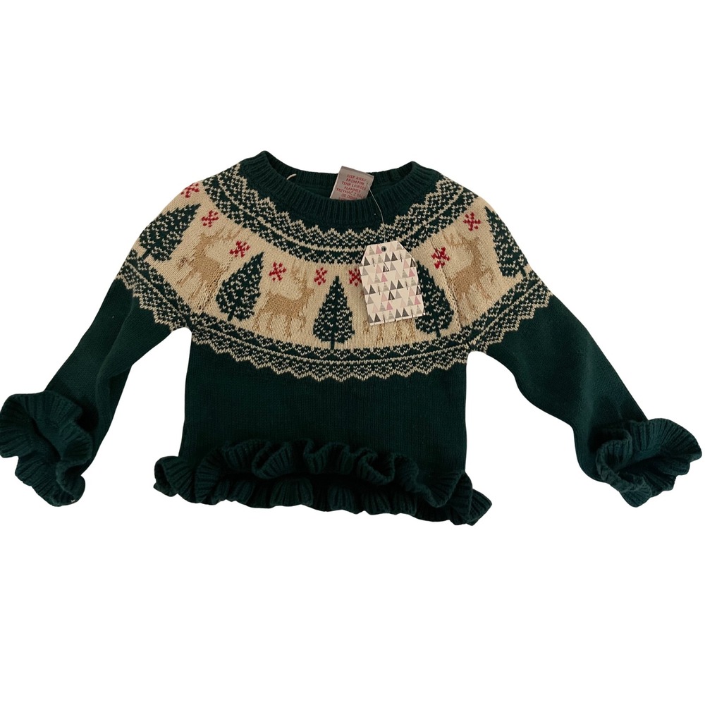 Tahari Girls Christmas Sweater 9 12‎ Months Green Beige Reindeer Tree Ruffle NWT